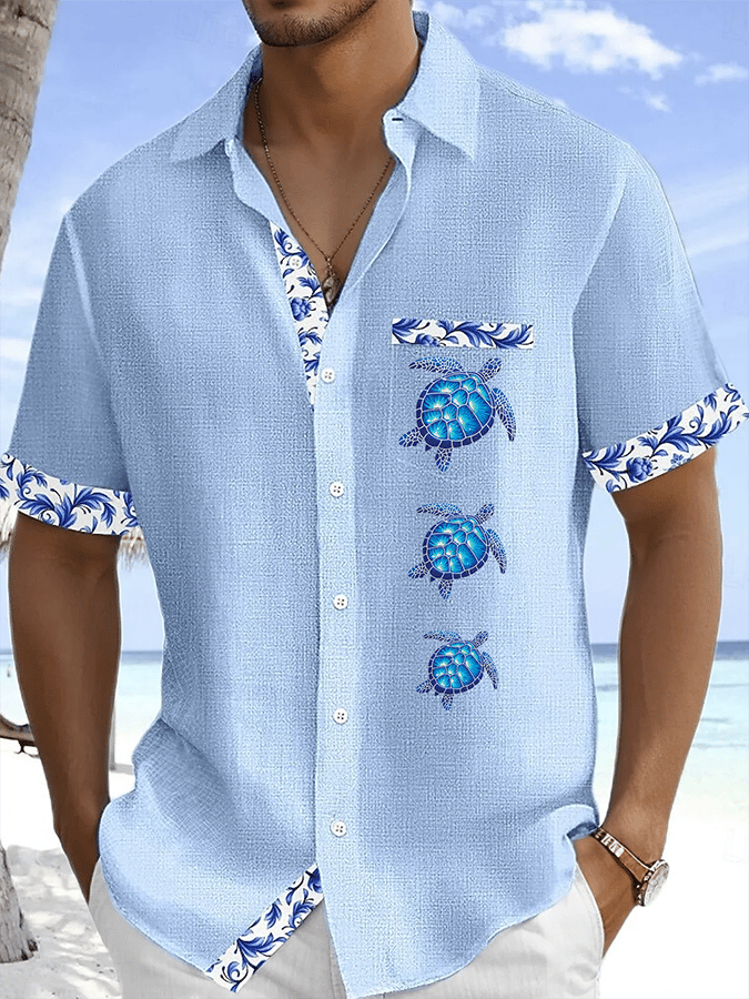 Men's Turtle Printed Casual Vacation Shirt (With Pockets)