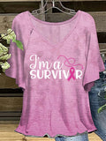 Women's Breast Cancer Ribbon Survivor Print V-Neck Ruffle Sleeve T-Shirt