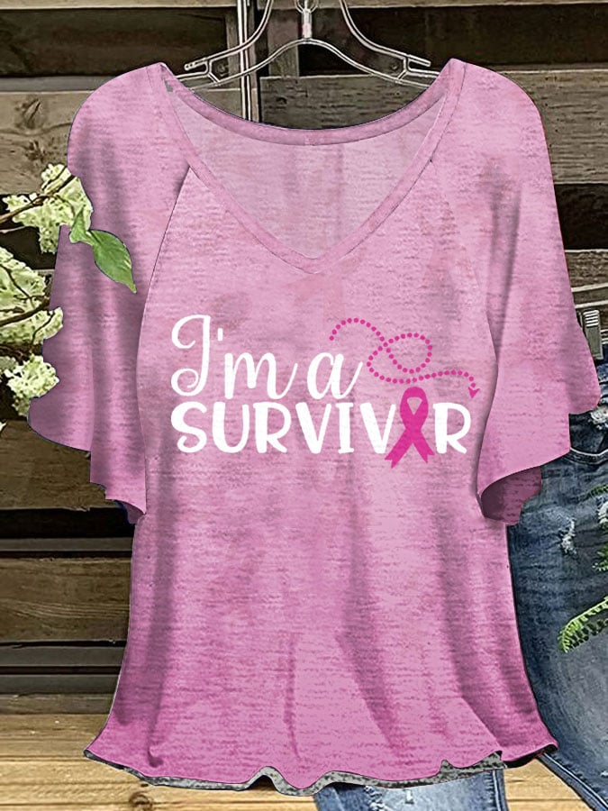 Women's Breast Cancer Ribbon Survivor Print V-Neck Ruffle Sleeve T-Shirt