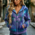 Women's Vintage Viking Celtic Knot And Rose Print Comfortable Warm Zip-up Hoodie