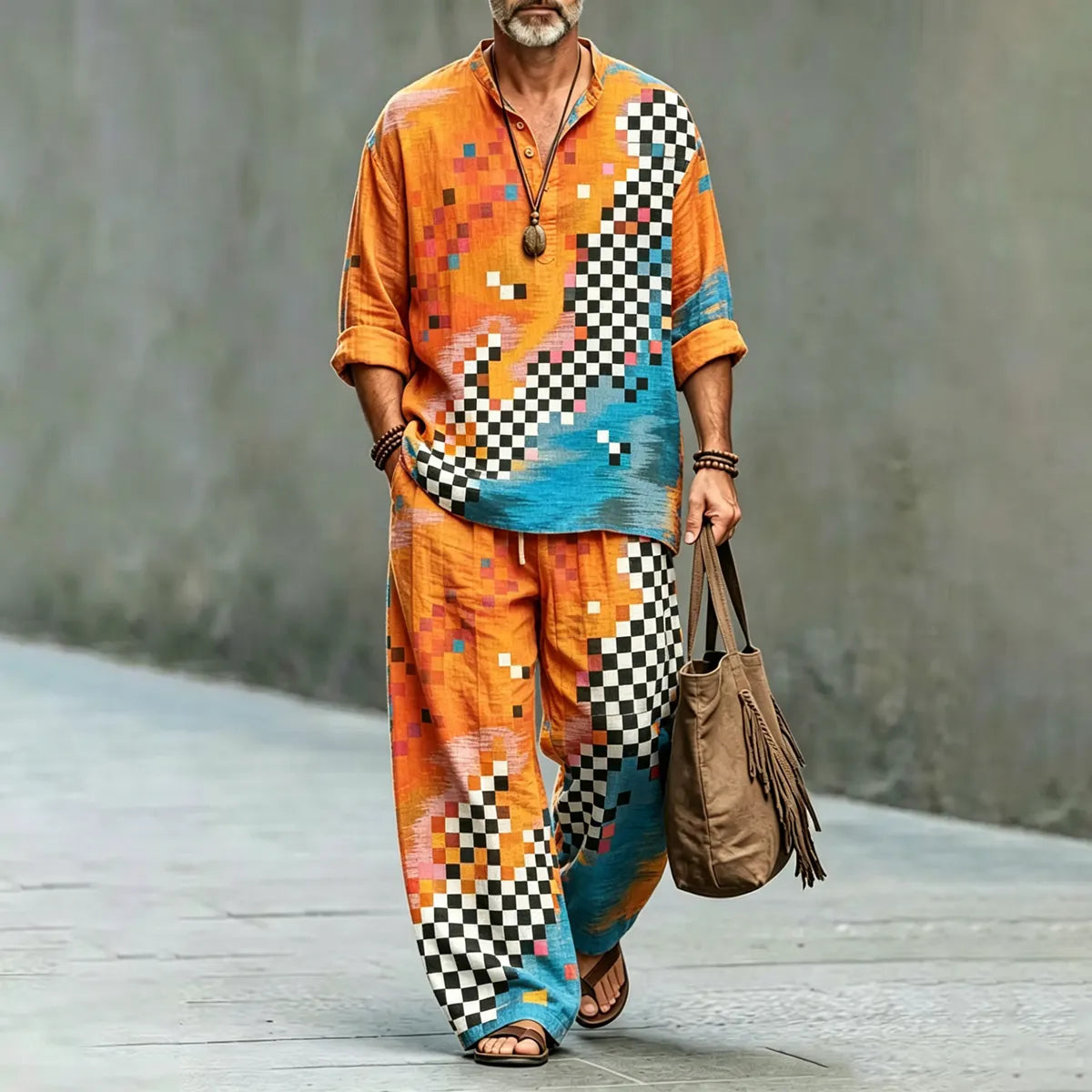 Men's Retro Abstract Geometric Art Shirt And Pants Two Piece Set