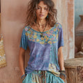 Women's Retro Rose Print Color Block Crew Neck T-shirt