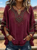 Women's Western Vintage Aztec Embroidered Ruffle Printed Top