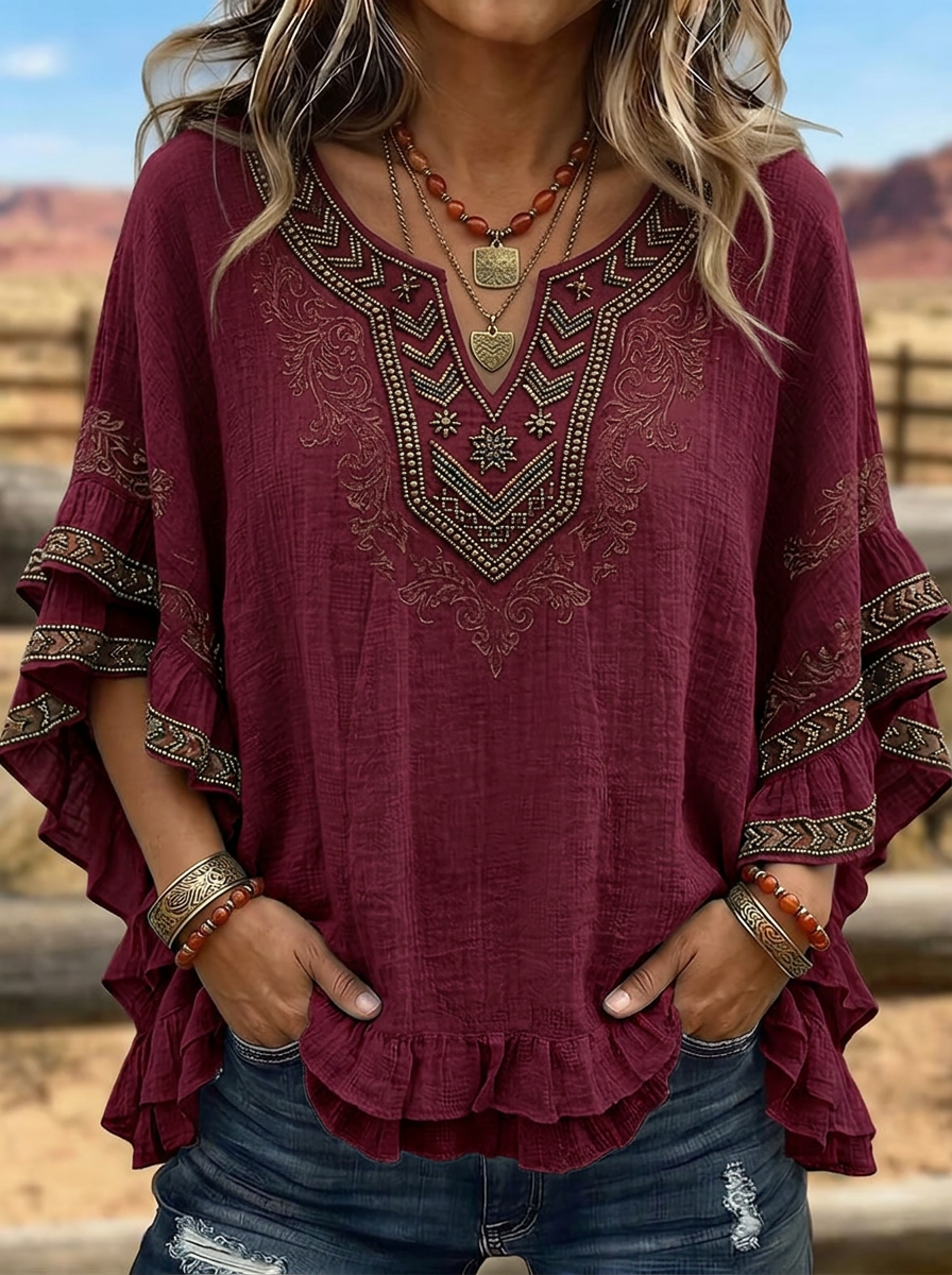 Women's Western Vintage Aztec Embroidered Ruffle Printed Top