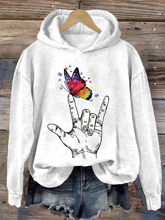 Retro Autism Awareness Butterfly I Love You Hand Sign Language Print Hoodie