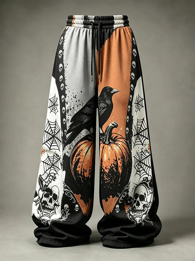 Retro Crow, Pumpkin, Skull, And Spider Web Print Color-blocked Trousers