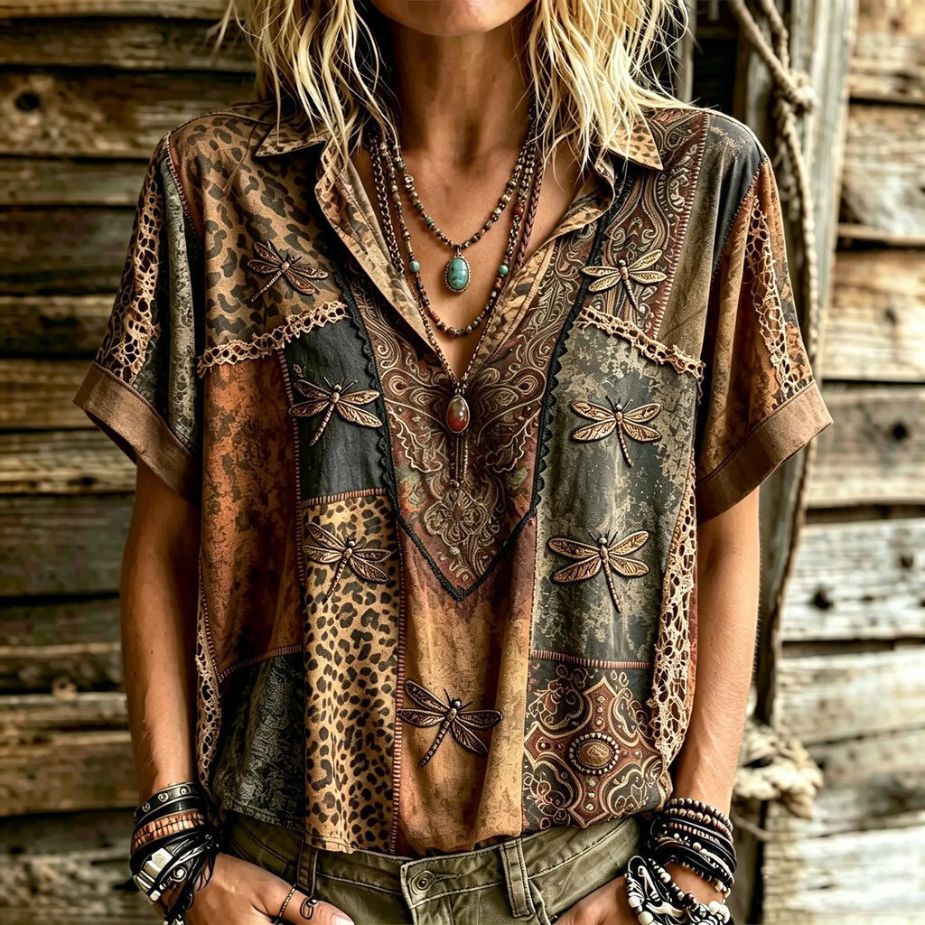 Women's Retro Western Style Leopard Print And Dragonfly Embroidery Patchwork Print Top