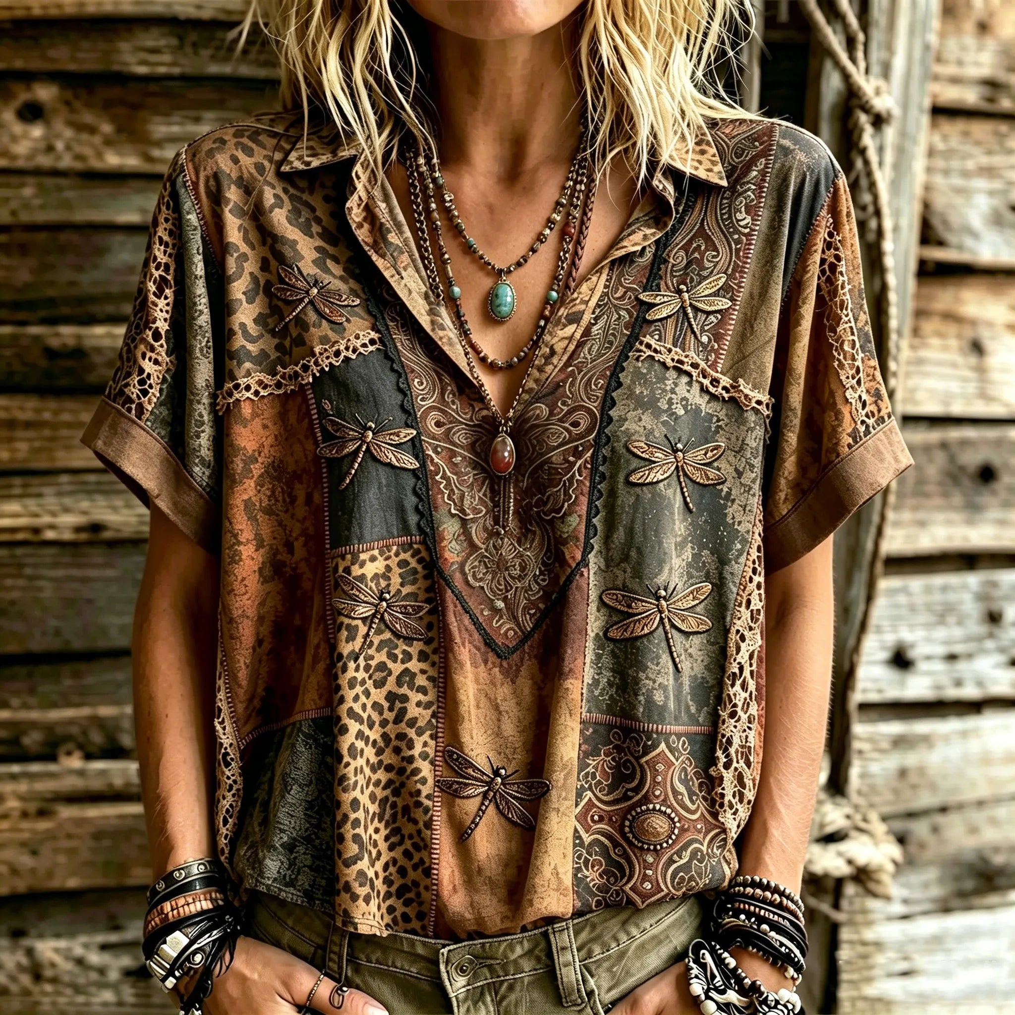 Women's Retro Western Style Leopard Print And Dragonfly Embroidery Patchwork Print Top