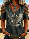Women's Western Independence Day Eagle Star Printed Cold Shoulder T-shirt-5