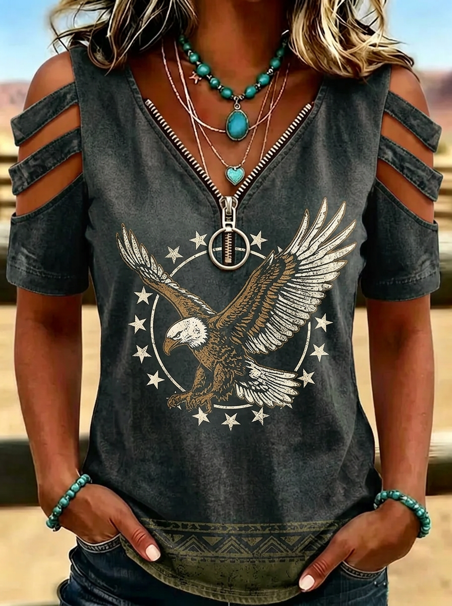 Women's Western Independence Day Eagle Star Printed Cold Shoulder T-shirt-5