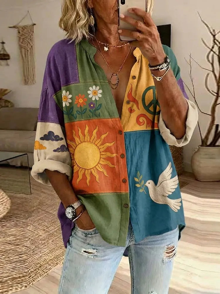 Women's Retro Peace And Love Music Hippie Pattern Casual Shirt