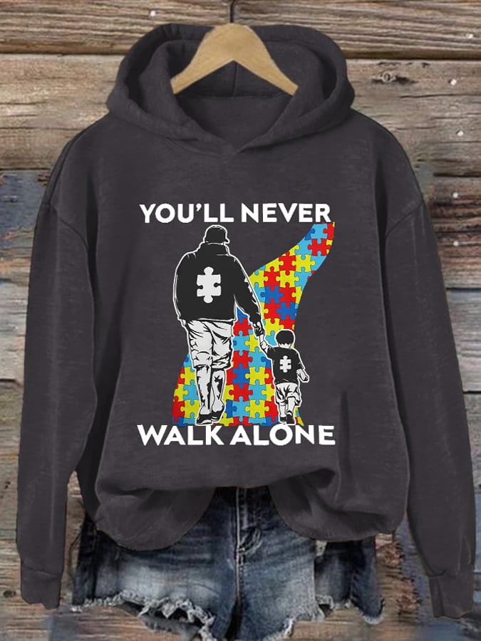 Retro Autism Awareness Dad And Son You'll Never Walk Alone Print Hoodie