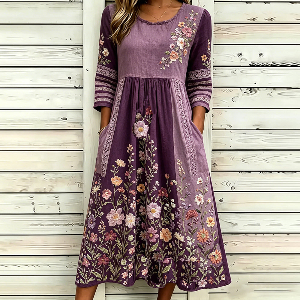 Women's Retro Floral And Lace Art Splicing Purple Washed Cotton Linen Round Neck Dress