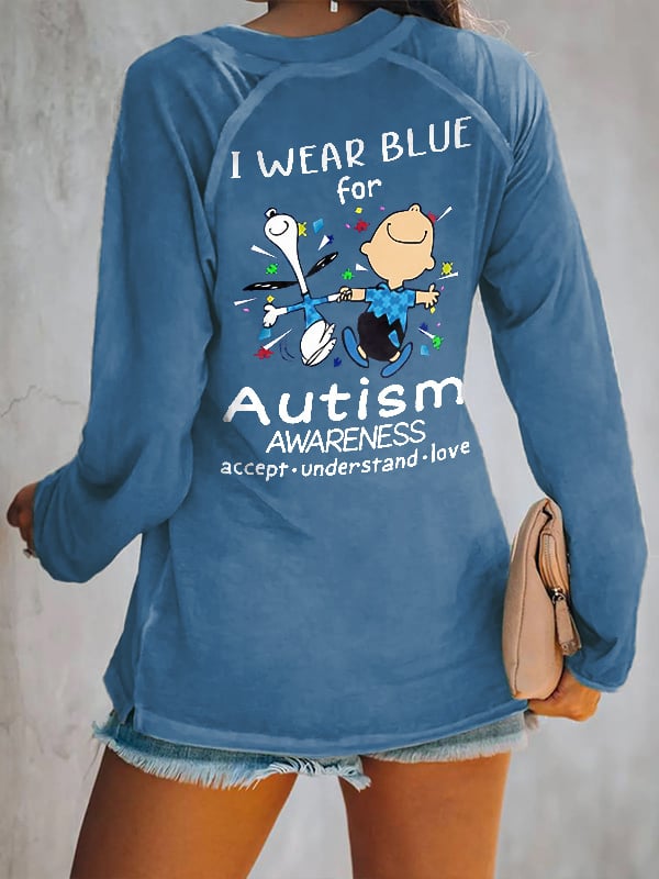 V-neck Retro Autism Awareness I Wear Blue For Autism Print T-Shirt