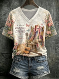 V Neck Retro A Life Of Many Colors Thank You Print T-Shirt