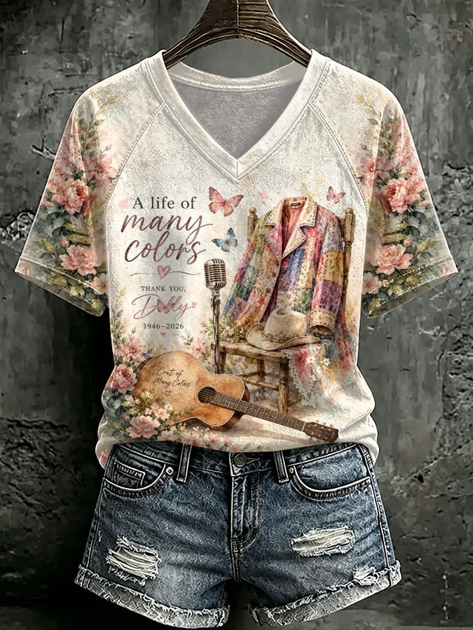 V Neck Retro A Life Of Many Colors Thank You Print T-Shirt
