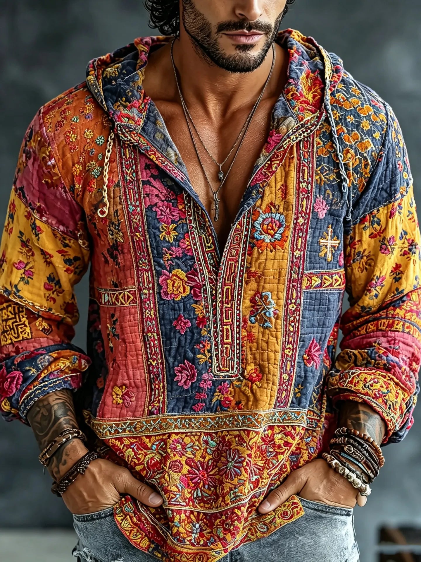 Men's Vintage Floral  Patchwork Embroidered Art Print Flowy Linen Blend Casual  Hooded Shirt