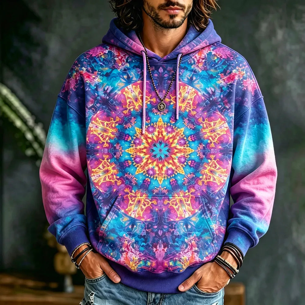 Men's Tie-dye Mandala Graphic Hoodie - Spiritual Bohemian Print Pullover Sweatshirt