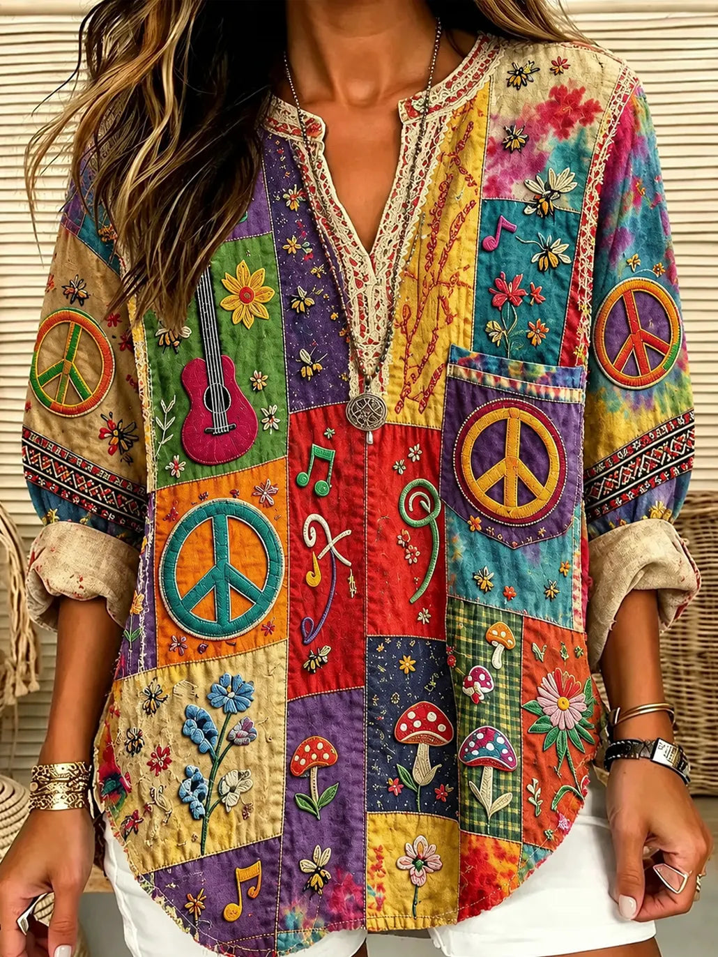 Women's Peace Sign And Guitar Hippie Patchwork Print Casual Shirt