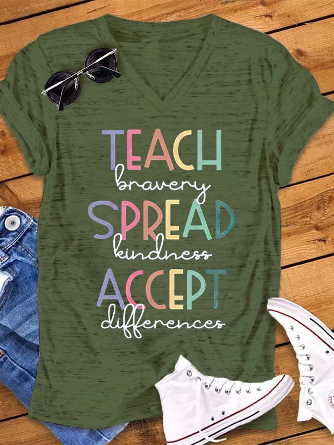 Women's Autism Awareness In April We Wear Blue Autism Month Printed Short Sleeve V-neck T-shirt