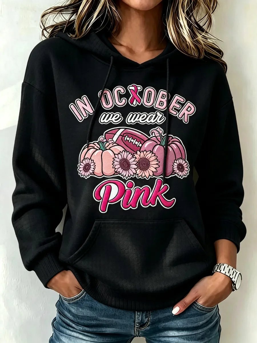 Women's In October We Wear Pink Print Breast Cancer Awareness Support Waffle Hoodie
