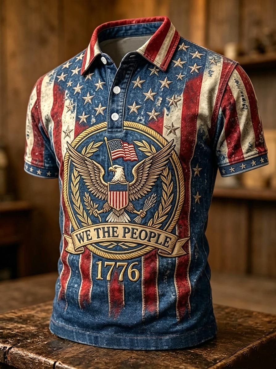 Men's Casual Artistic American 250th Anniversary Flag Print Polo Shirt