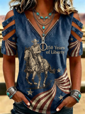 Women's Western Independence Day Cowboy Horse Flag Printed Cold Shoulder T-shirt