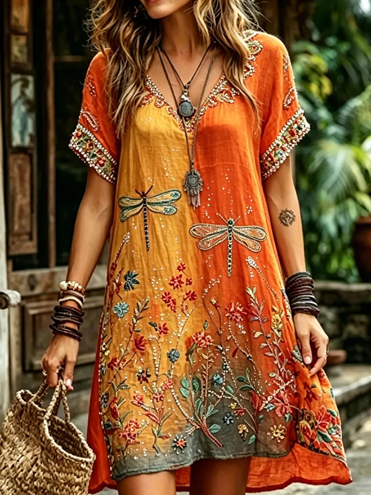 Women's Vintage Hippie Floral And Dragonfly In Patchwork Pattern Art Embroidered Linen Blend Dress