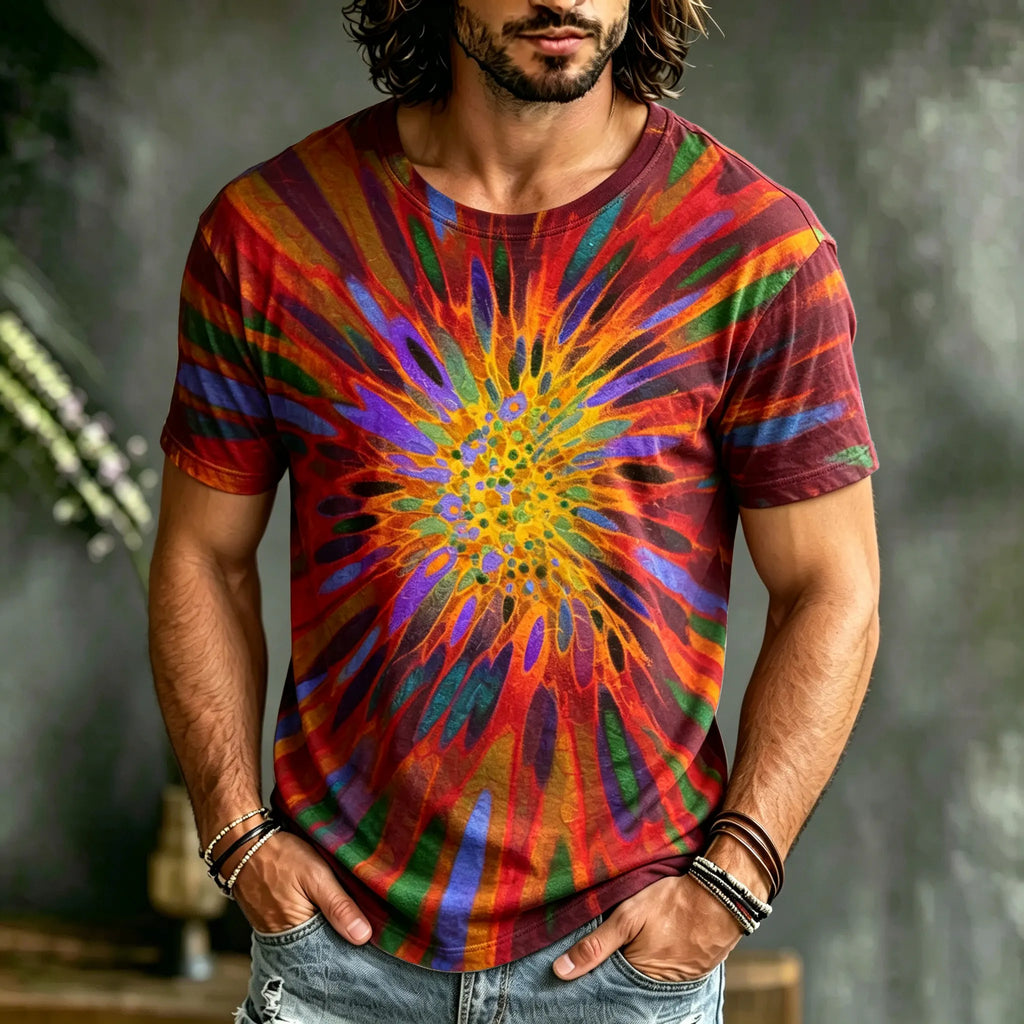 Men's Retro Hippie Style Abstract Art Print Crew Neck Short Sleeve T-shirt