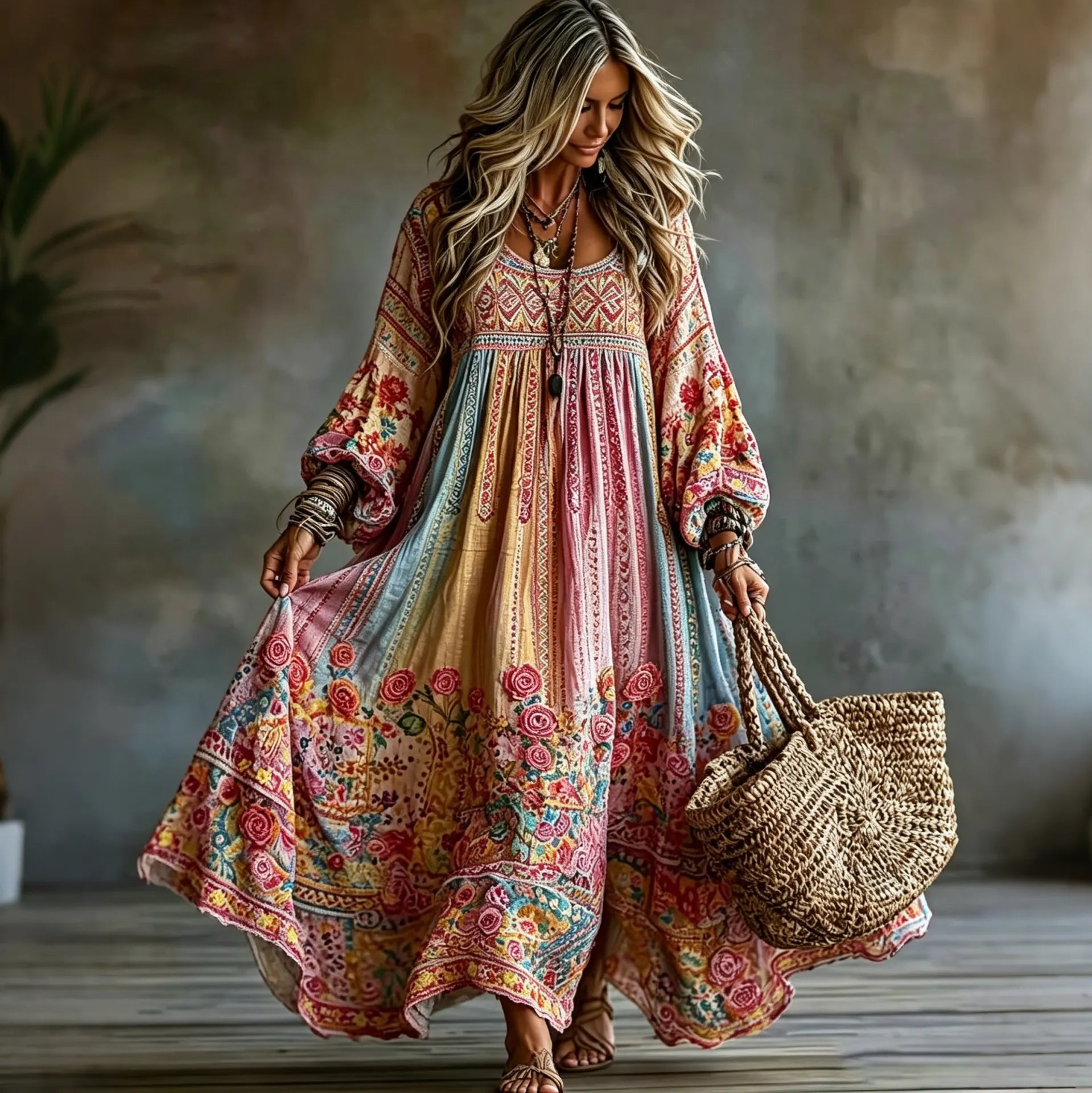 Women's Vintage Hippie Floral Art Print Maxi Dress