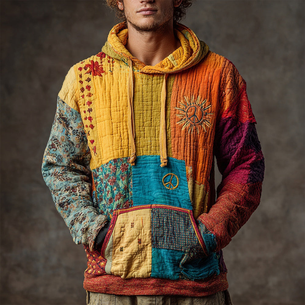 Men's Boho Hippie Peace Sign Patchwork Cozy Hoodie