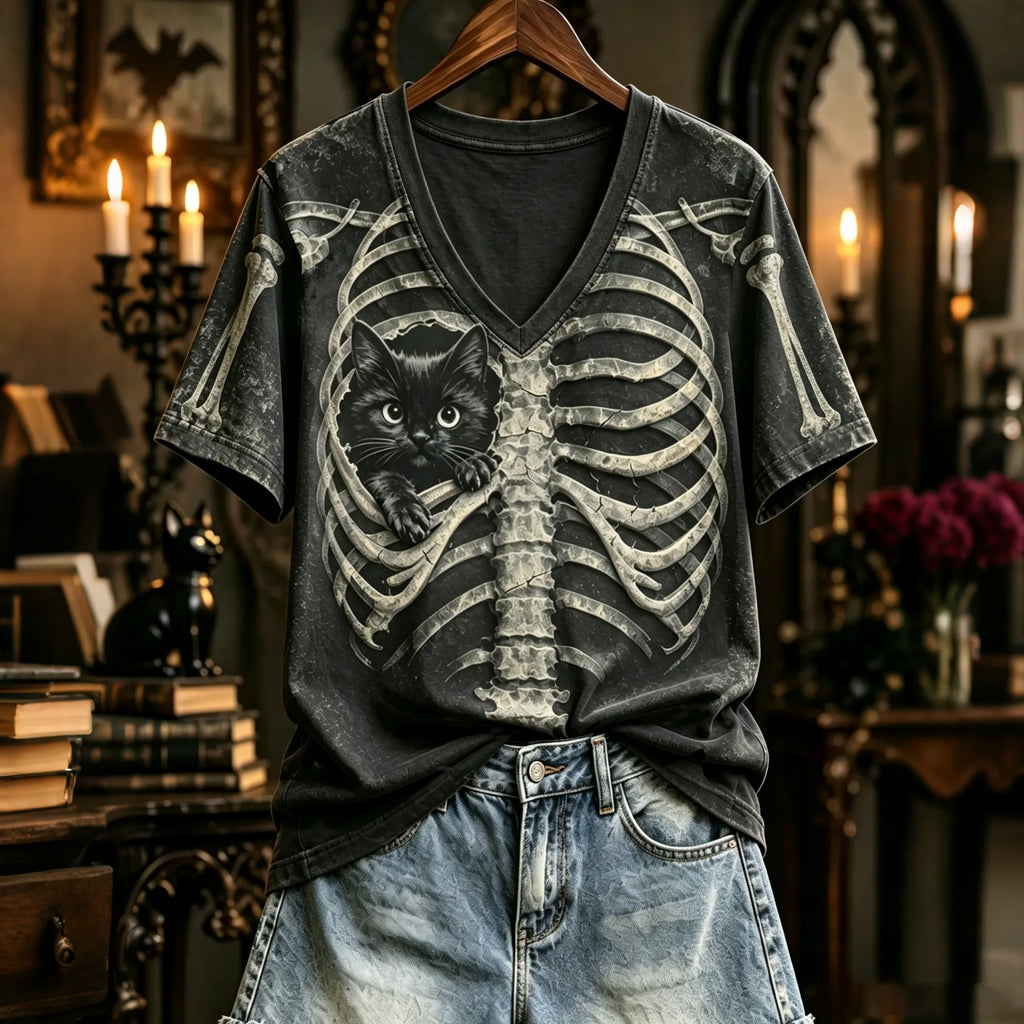 Women's Halloween Peeking Black Cat X-ray Rib Cage 3d Print V Neck T-shirt