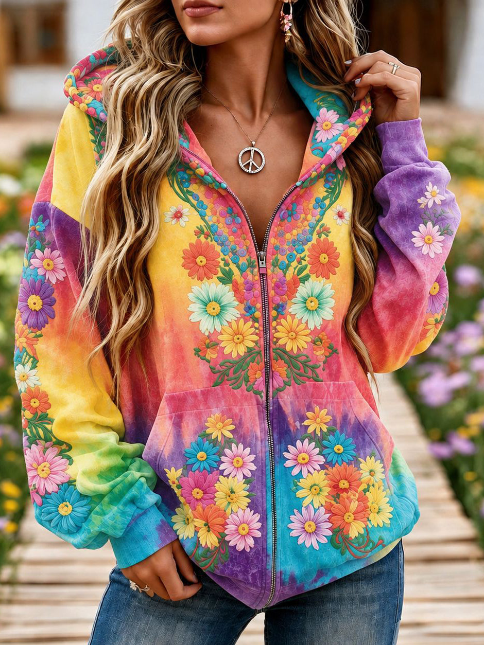 Women's Vintage Hippie Floral Embroidery Art Long Sleeve Zipper Hoodie