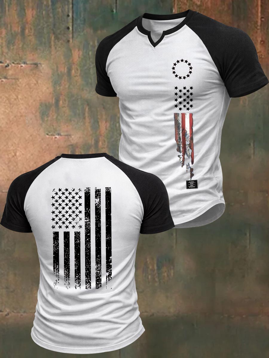 250th Anniversary America Flag Pattern 100% Cotton V Neck Color-Block Raglan T-Shirt