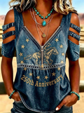 Women's Western Independence Day Cowboy Horse Stars Printed T-shirt