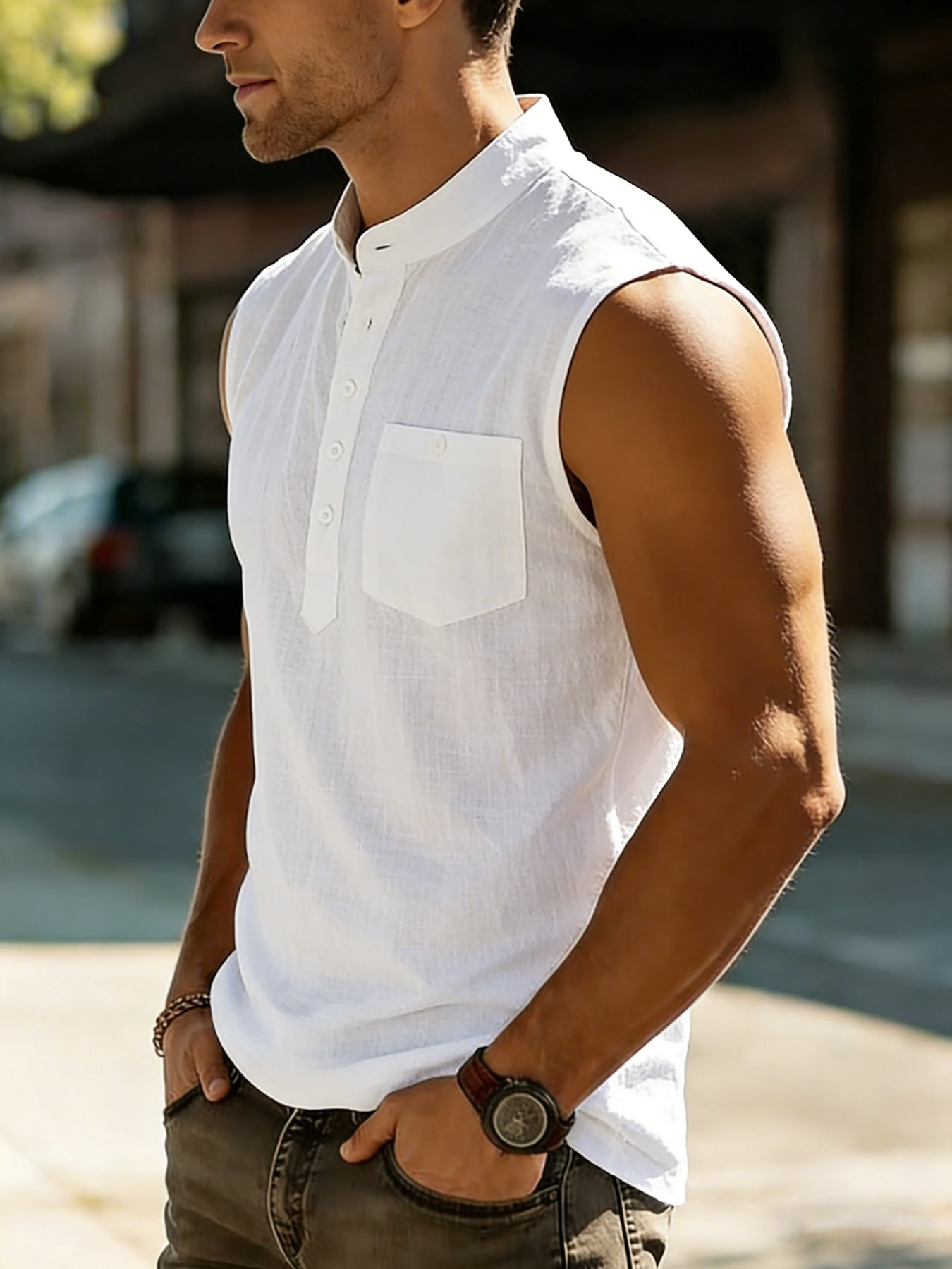 Men's Breathable Cotton-Linen Henley Casual Vest