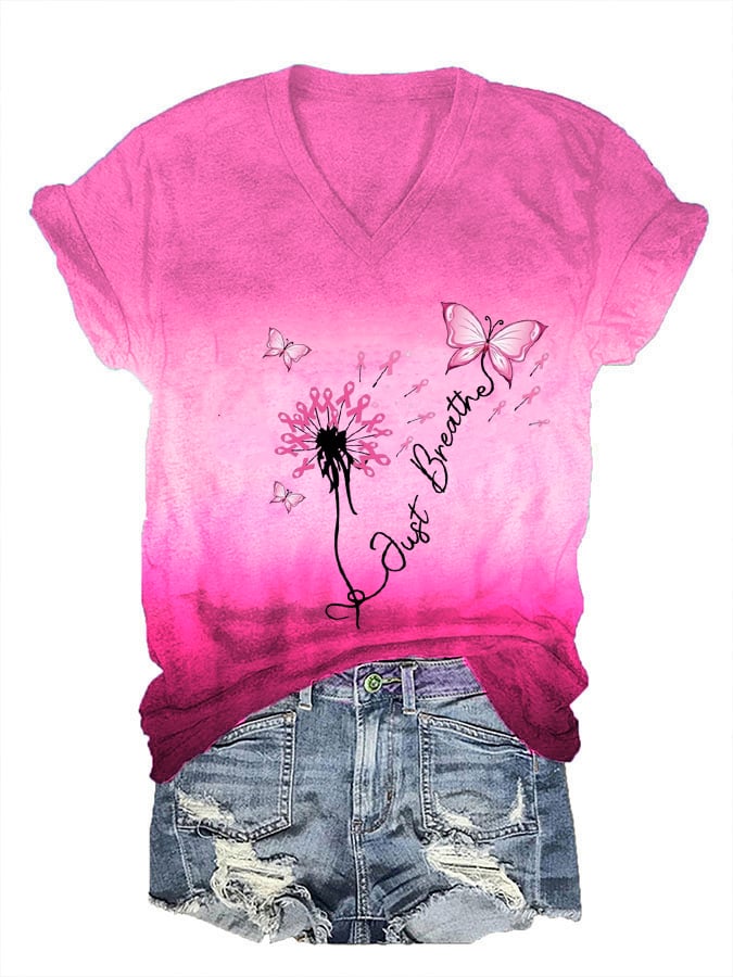Women'S Just Breathe Breast Cancer Print Casual T-Shirt