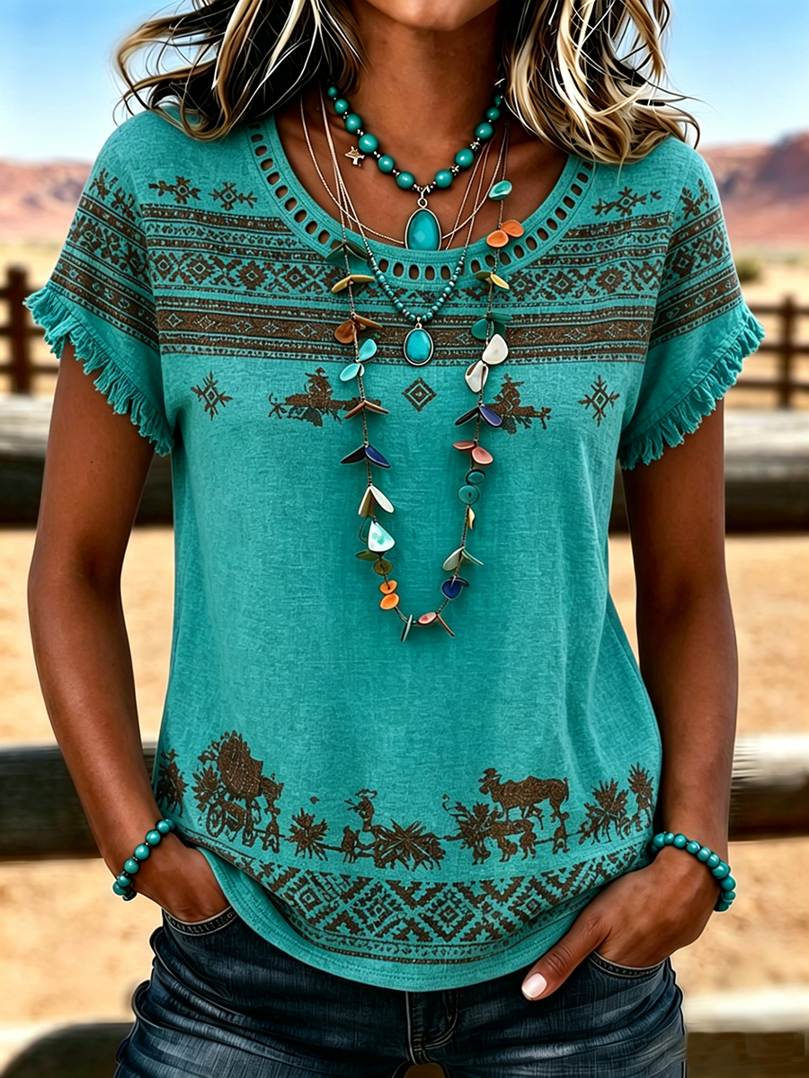 Women's Casual Cotton Linen Gradient Retro Floral Hollow T-Shirt