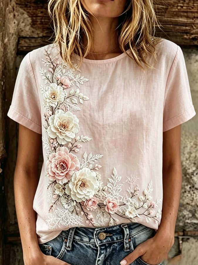 Women's Vintage Floral Breast Cancer Awareness T-Shirt