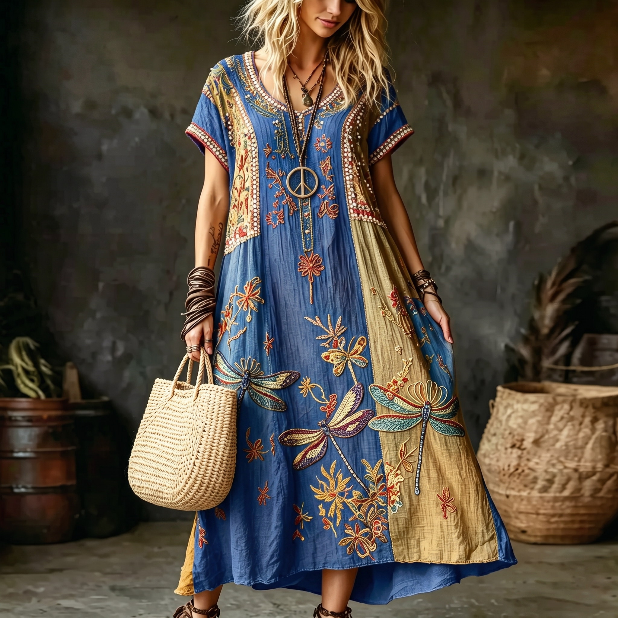 Women's Vintage Hippie Floral And Dragonfly In Patchwork Pattern Art Embroidered Linen Blend Maxi Dress