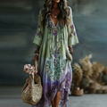 Classy Gradient Purple Lavender And Floral V Neck Linen Maxi Dress