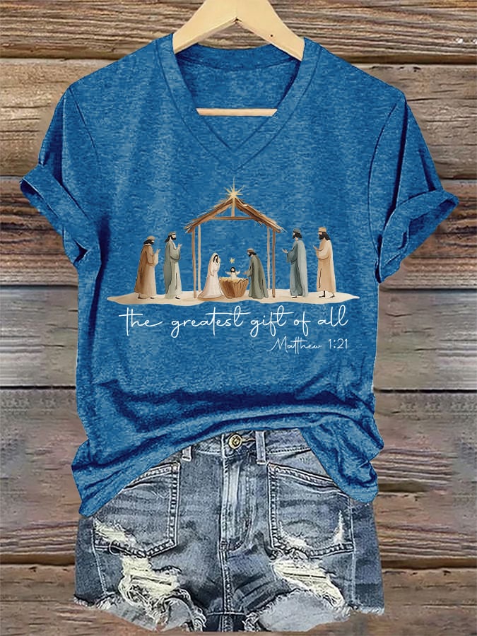V-Neck Retro Christmas The Greatest Gift Of All Is Jesus Matthew 1:21 Print T-Shirt
