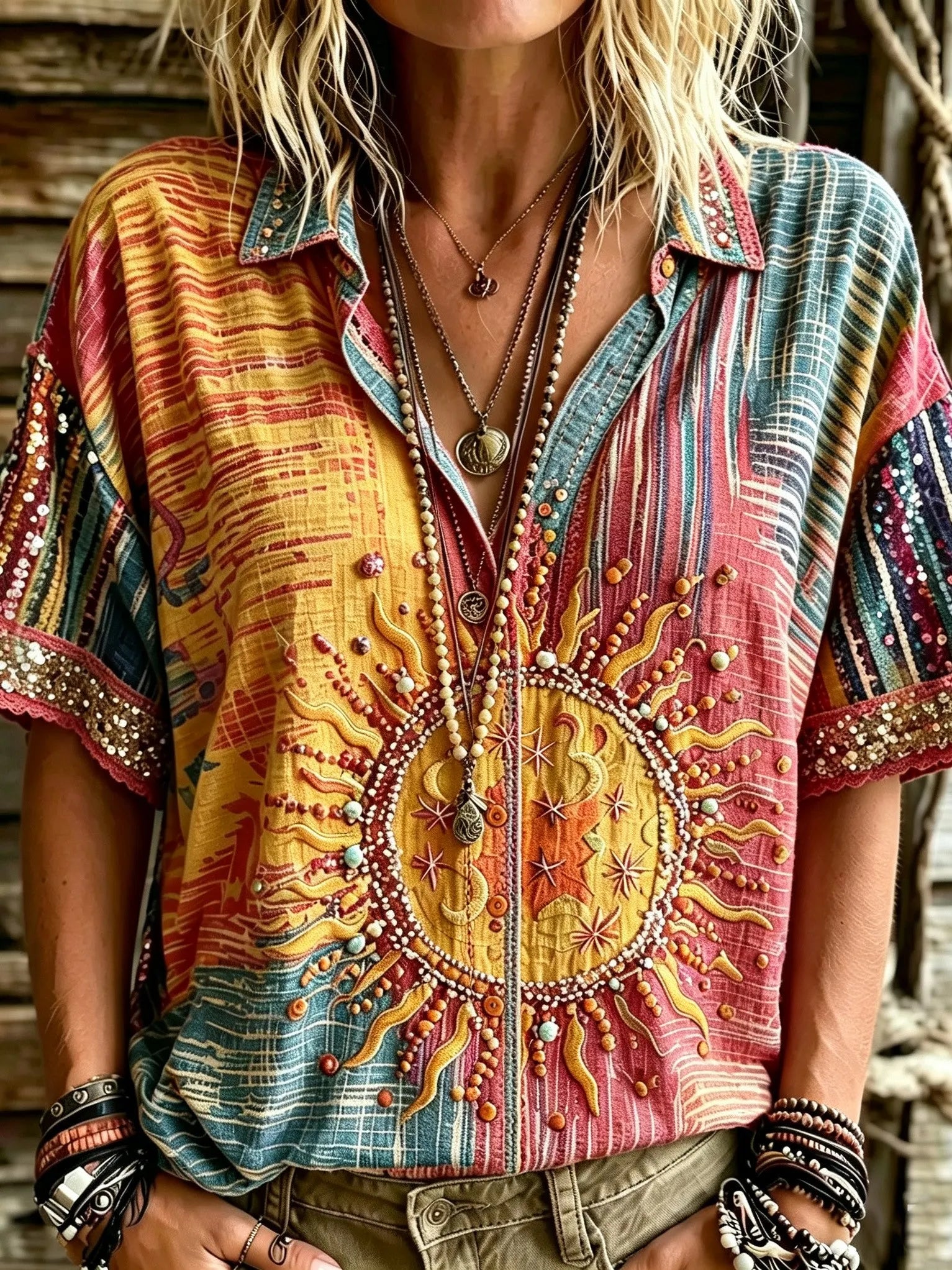 Women's Retro Hippie Style Printed Short-sleeve Shirt