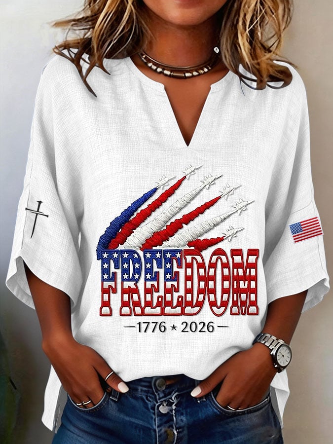 Women's Retro Freedom American Flag Cross Printed Casual Shirt