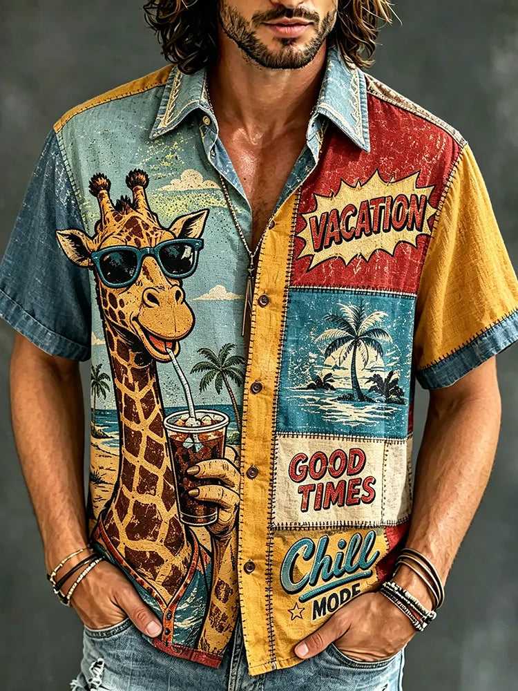 Men's Hippie Style Peace Giraffe Holiday Patchwork Art Print Casual Shirt
