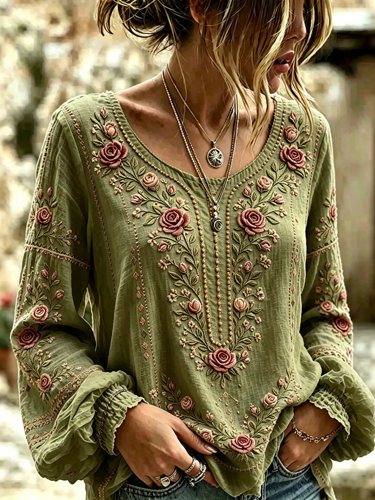 Women's Vintage Floral Art Cotton Linen Casual T-shirt