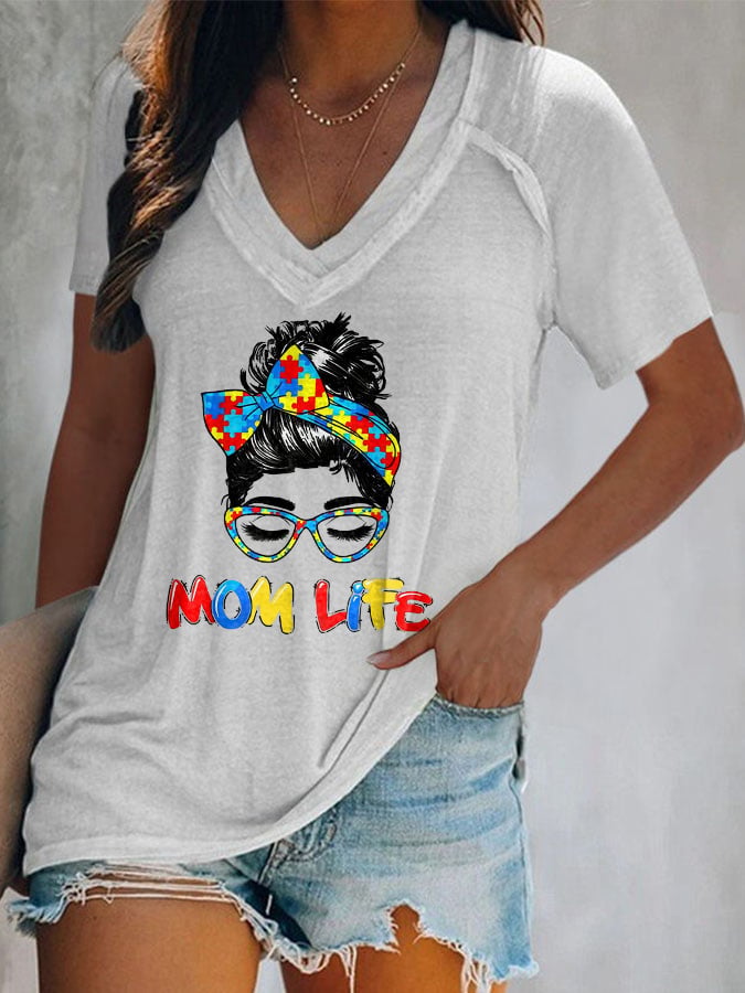 V-neck  Autism Awareness Mom Life Print T-Shirt