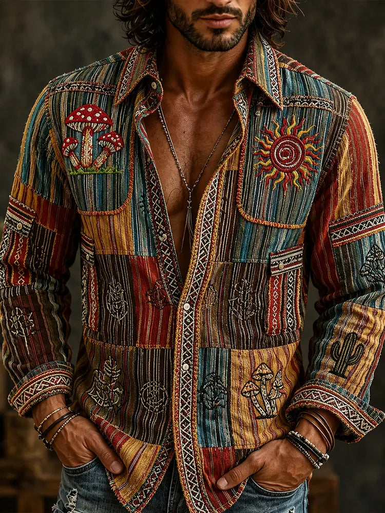 Men's Hippie Vintage Botanical Geometric Patchwork Cotton Linen Long-sleeved Shirt