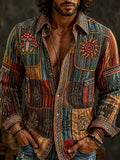 Men's Hippie Vintage Botanical Geometric Patchwork Cotton Linen Long-sleeved Shirt