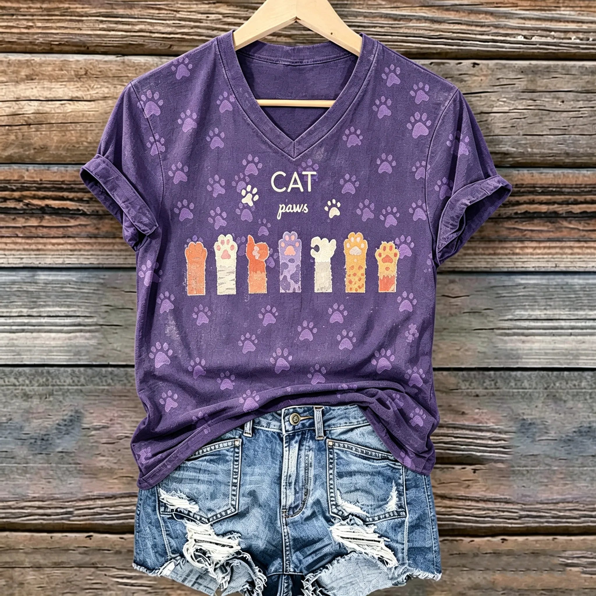Women's Retro Bohemian Style Cat Paw Print Cotton Linen T-shirt